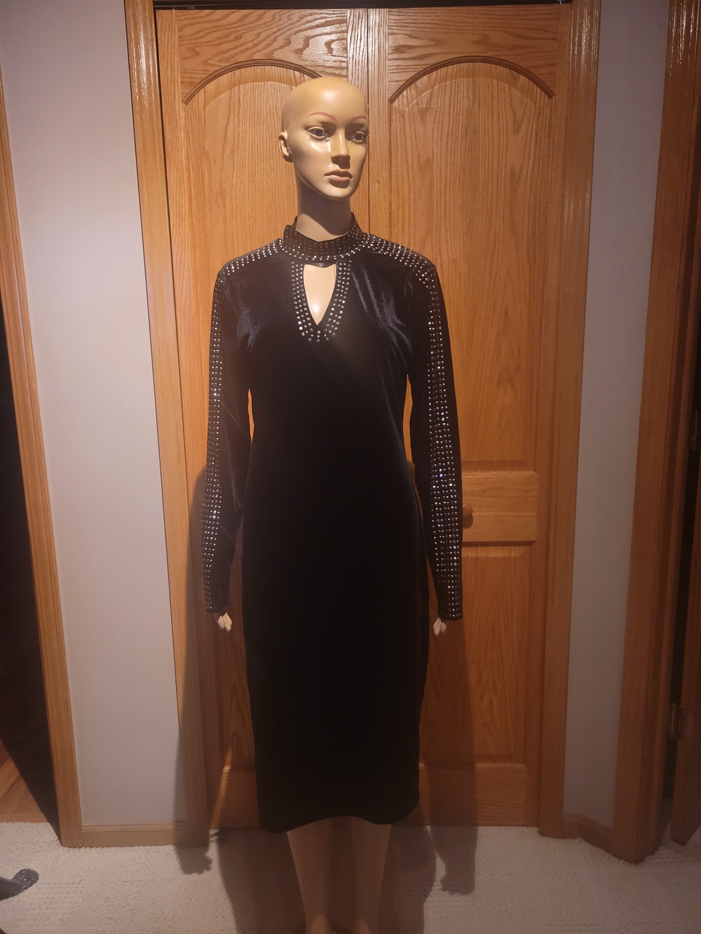 Studded Black Velvet Long-Sleeve Keyhole Dress